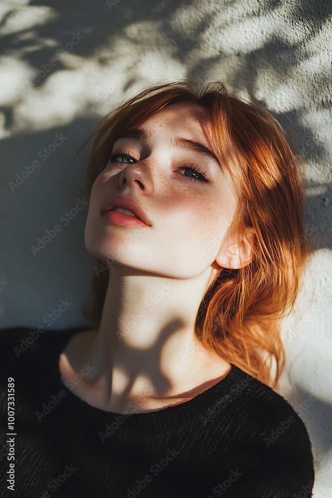 Poster Close up portrait of a young woman with red hair and freckles, sunlight and shadows,  dreamy and ethereal