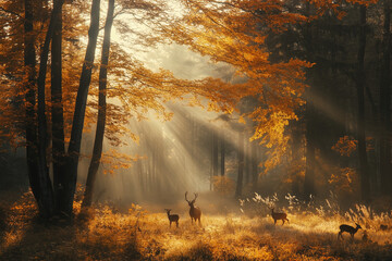 Sunlight Through the Trees: Deer in the Autumn Woods