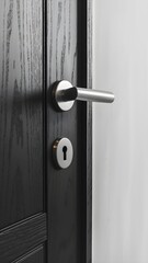Obraz premium Sleek silver door handle on dark wood door with keyhole detail Vertical Mobile Wallpaper