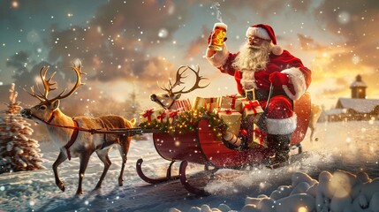 Artificial Intelligence. Portrait of Santa Claus with a glass of beer sitting in a sleigh outdoors.  © Anna