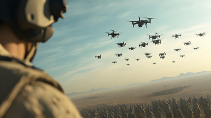 A futuristic drone swarm, flying over a high-tech military base, with soldiers below coordinating a precision attack in a vast desert. Drone swarm over a desert military base.


