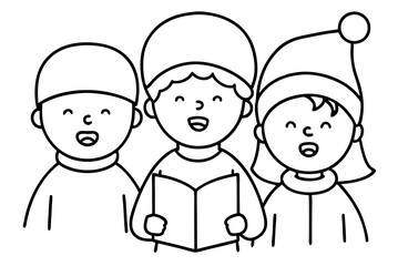 Three Kids Singing Christmas Carols in a Cozy Vector Illustration Scene
