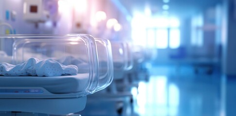 baby beds in the hospital, blurred background with white cradles