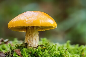 Bright yellow mushroom growing on forest floor