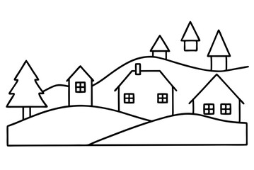 Vector Illustration of a Cozy Winter Village Scene Covered in Snow
