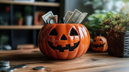 Jack-o'-lantern filled with cash and coins on a wooden table, with a cozy home decor background.