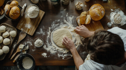 An overhead view of a baker preparing dough with fresh ingredients