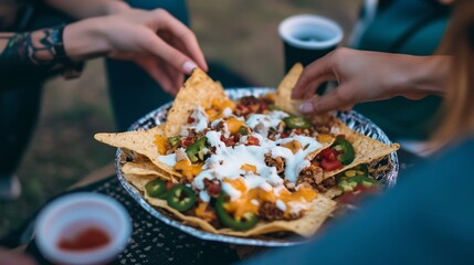 Friends enjoying a shared plate of nachos with toppings at an outdoor gathering during the evening