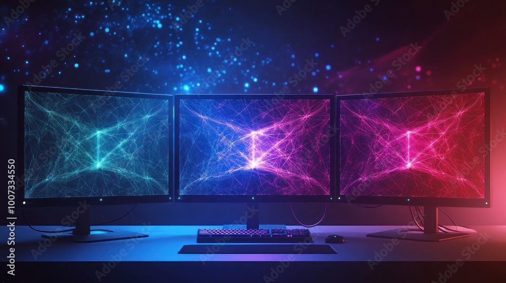 Poster triple monitor setup with colorful abstract patterns