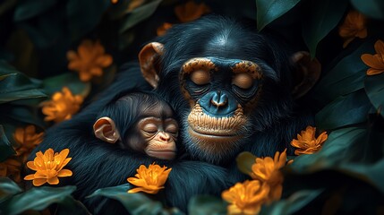 A mother chimpanzee and her baby sleep peacefully in a lush green jungle setting, surrounded by vibrant yellow flowers. The close-up shot captures a tender moment of parental love and affection.