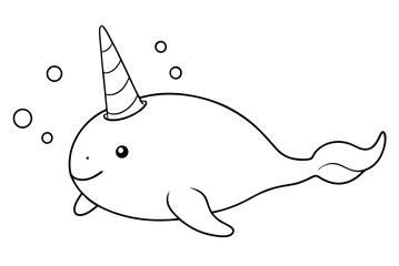 Narwhal in a Party Hat Enjoys a Colorful Swim in a Vibrant Underwater Scene
