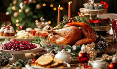 Traditional Christmas feast with roasted turkey, cranberry sauce, mashed potatoes, and an array of festive desserts on a beautifully decorated table