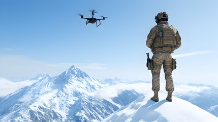 A lone special forces operator, standing on a snow-covered mountain peak, with an assault rifle slung over his shoulder and a drone flying overhead. Soldier on a snowy mountain peak.


