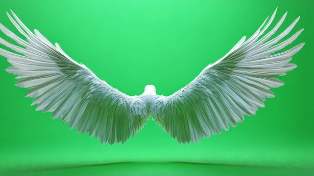 Large white feathered angel wings spread open on a solid green screen background, perfect for compositing into photo or video projects