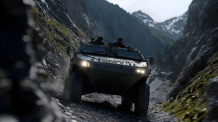 A modern armored personnel carrier, speeding through a narrow mountain pass, with soldiers inside ready to deploy into a hostile environment. Armored vehicle in a mountain pass.


