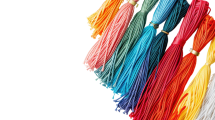 Colorful holiday-themed embroidery threads on white background