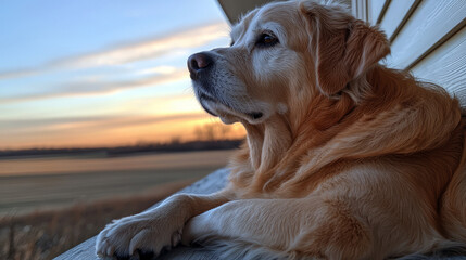 Obraz premium dog resting on a porch, overlooking a peaceful countryside. 