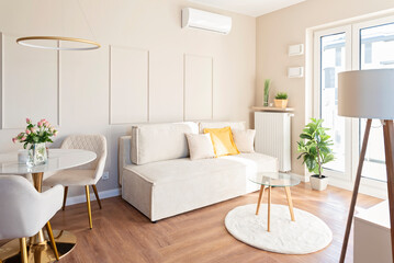 Living room interior with sofa, window and window floor at home. Luxurious room in hotel with design decor. Real estate.