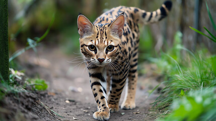 Obraz premium Close-up of Savannah cat walking confidently down the street with wild look