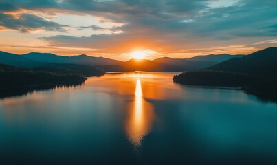 Fototapeta premium Aerial view of Lake Mirror at sunset with