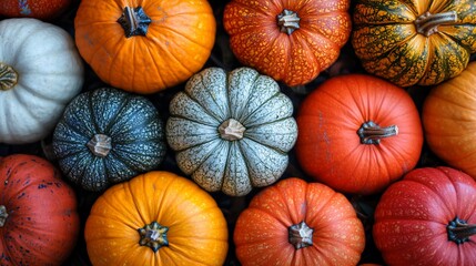 A close-up view of a collection of colorful pumpkins arranged in a pattern.