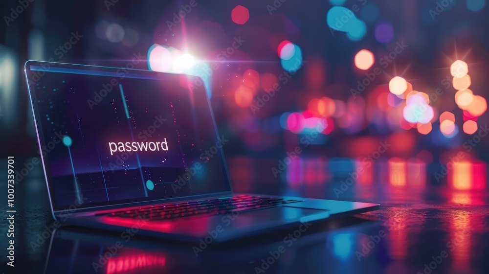 Aufkleber text password on a laptop notebook computer display screen digital technology lock, privacy network 