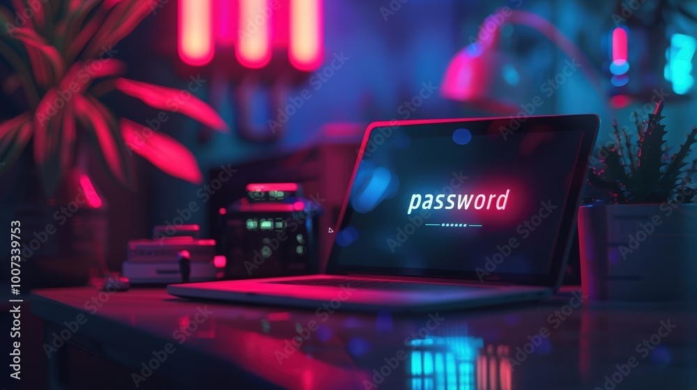 Aufkleber text password on a laptop notebook computer display screen digital technology lock, privacy network 