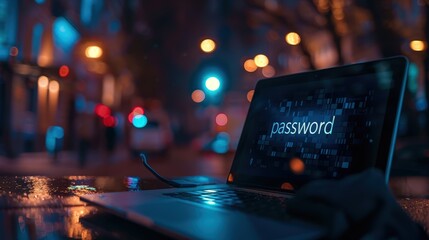 Text password on a laptop notebook computer display screen digital technology lock, privacy network cyber protection