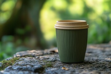 Gobelet réutilisable écologique posé sur une pierre en pleine nature