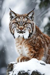 Close up portrait of a Eurasian lynx sitting on a rock in the snow