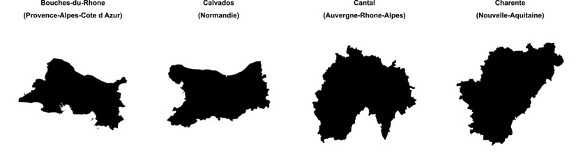 Obraz premium Bouches-du-Rhone, Calvados, Cantal, Charente outline maps