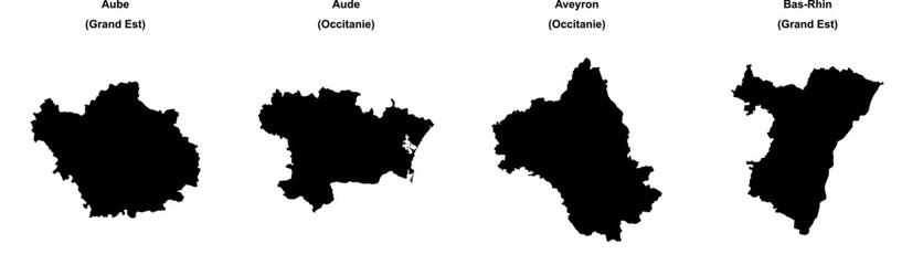 Aube, Aude, Aveyron, Bas-Rhin outline maps