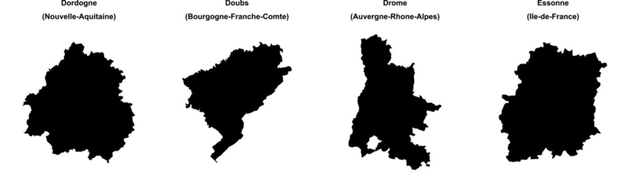 Dordogne, Doubs, Drome, Essonne outline maps