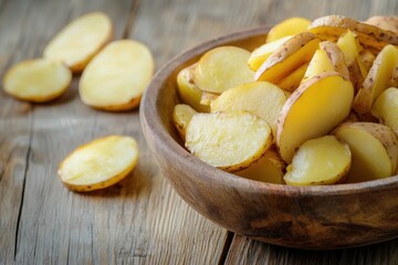 Sliced potatoes in a wooden bowl