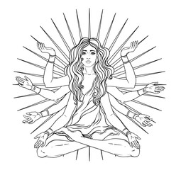 Beautiful woman with long hair and multiple hands sitting in lotus yoga position. Multi-armed goddess is Goddess Lakshmi, the Hindu goddess of wealth, fortune, and prosperity. Vector detailed isolated