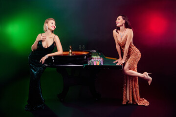 Photo of attractive tempting stunning girl bachelorette celebrate holiday in vip casino club playing poker bluff