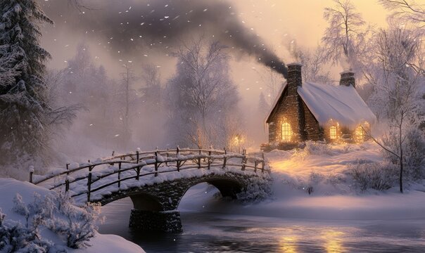 Snow-covered bridge leading to a quaint cottage, smoke rising from the chimney, and warm light glowing through the windows