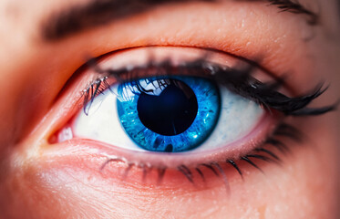 Close shot of a beautiful eye with a large blue pupil. Created with Generative AI tools