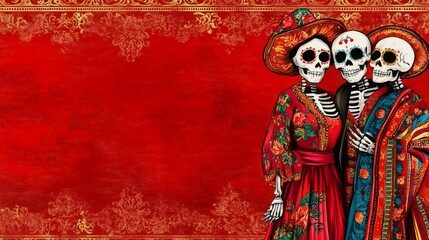 Day of the Dead skeletons party featuring white sugar skull characters joyfully dancing and enjoying music, representing dead Mexican ancestors.