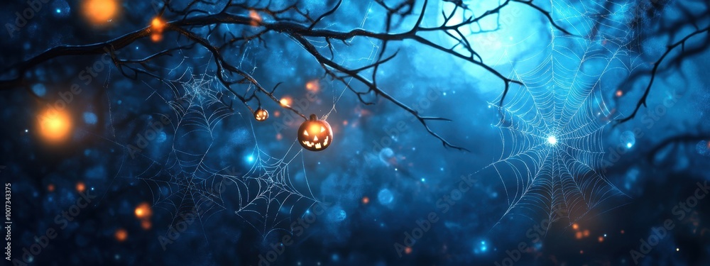 Canvas Prints halloween background with spider webs and glowing lights, fantasy style generative ai
