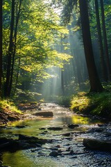 Obraz premium Sunlight shining through trees on a forest creek