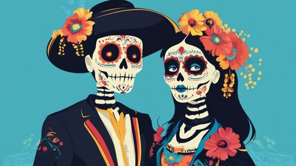  Dia de los Muertos poster design featuring sugar skull makeup on a woman and man, celebrating the Mexican holiday of Day of the Dead.