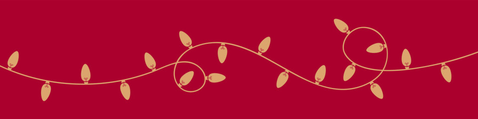 Gold Christmas Lights on Red Background. Festive Colorful Christmas Lights String Decoration. Vector Graphic for Christmas Cards, Banners, Poster, Web	
