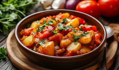 potato stew cooked with pepper, tomatoes and onions, in a bowl