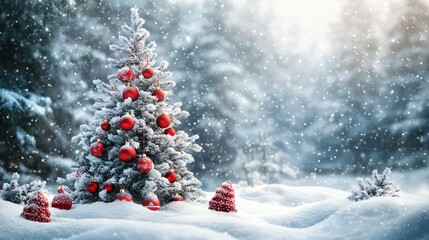 A Snow-Covered Christmas Tree with Red Ornaments in a Winter Forest