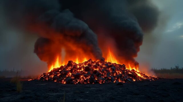 A pile of tires is burning, black thick smoke