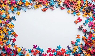 Obraz premium Blank space center and colorful jigsaw puzzle pieces form the frame