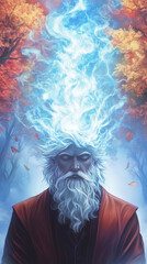 An elder man meditates in the forest, surrounded by ethereal blue flames.