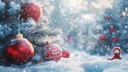 Red Christmas Ornaments on a Snowy Pine Branch