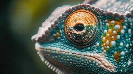 Fototapeta premium Close-Up of a Chameleon's Eye Highlighting Its Detailed Textured Skin and Vivid Colors